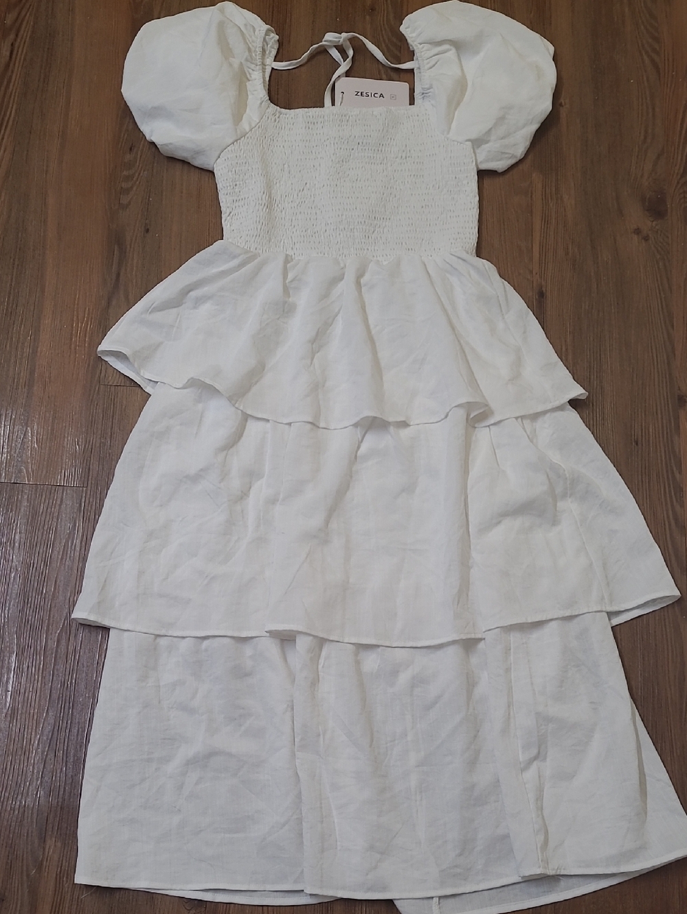 Zesica White Smocked Bodice Tiered Midi Dress